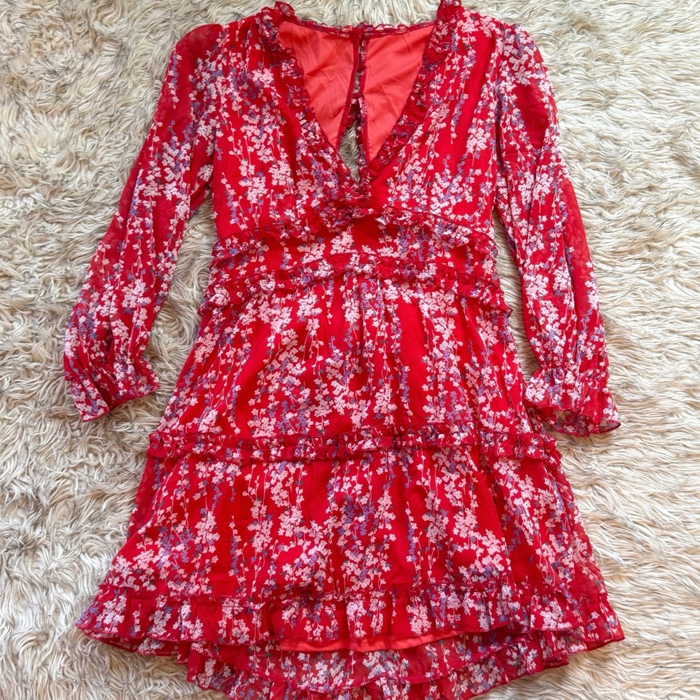 Red Floral Tiered V-Neck Long Sleeve Dress